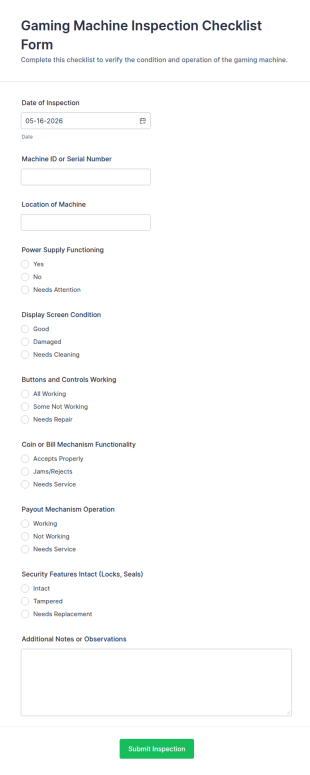Gaming Machine Inspection Checklist Form Template