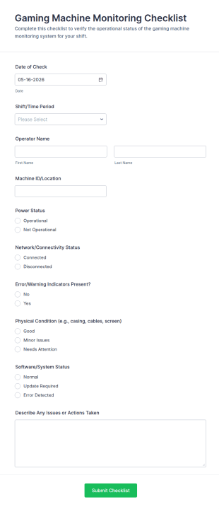 Gaming Machine Monitoring System Checklist Form Template