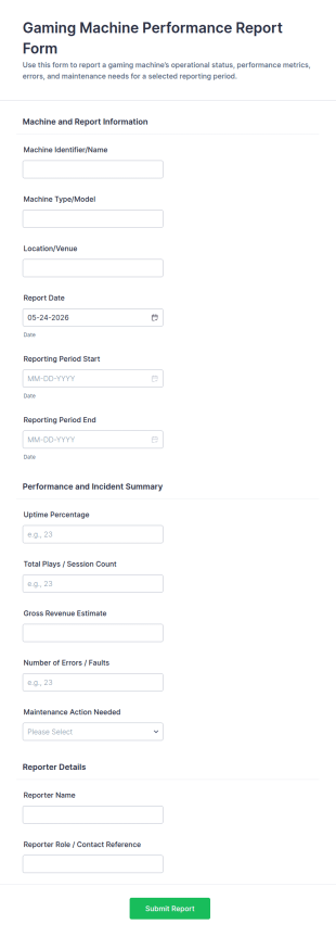 Gaming Machine Performance Report Form Template
