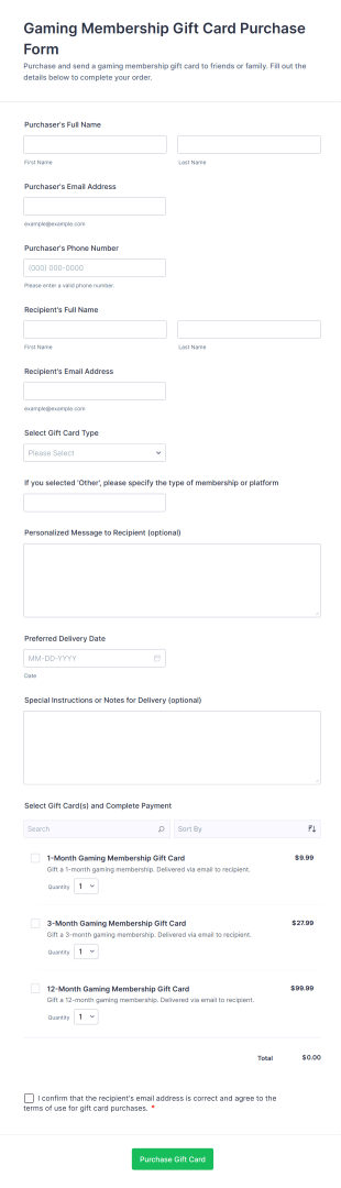 Gaming Membership Gift Card Purchase Form Template