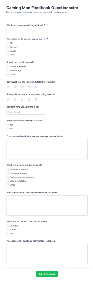 Gaming Mod Feedback Questionnaire Form Template