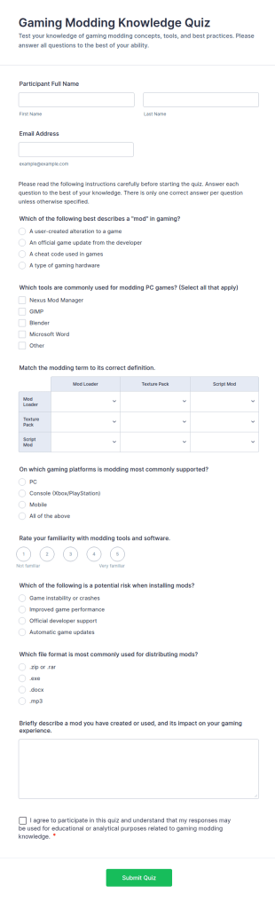 Gaming Modding Knowledge Quiz Form Template