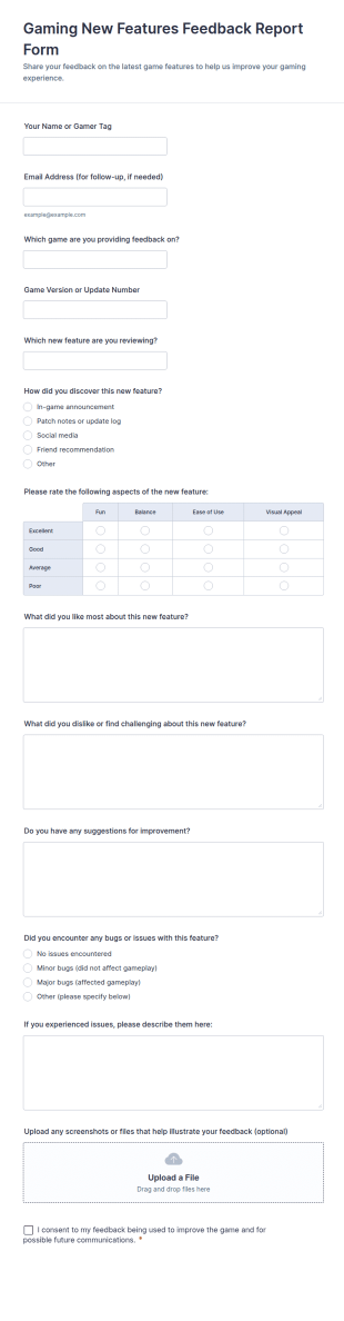 Gaming New Features Feedback Report Form Template