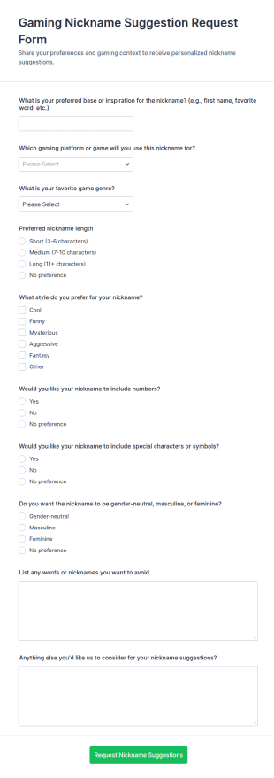Gaming Nickname Suggestion Request Form Template