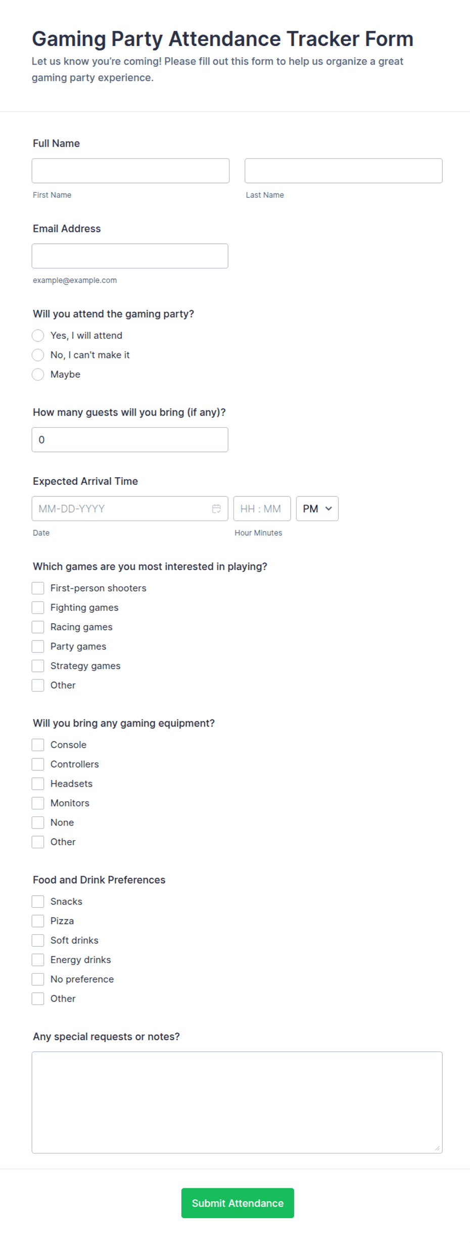 Gaming Party Attendance Tracker Form Template | Jotform