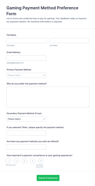 Gaming Payment Method Preference Form Template