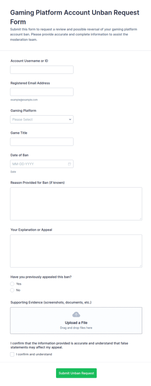 Gaming Platform Account Unban Request Form Template