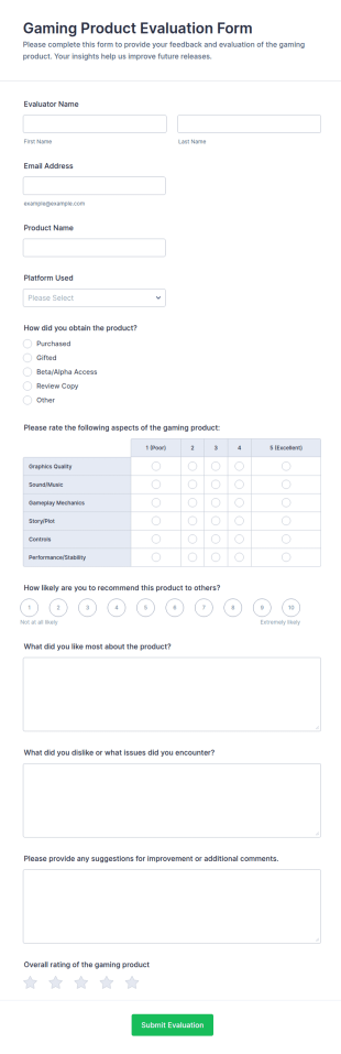 Gaming Product Evaluation Form Template