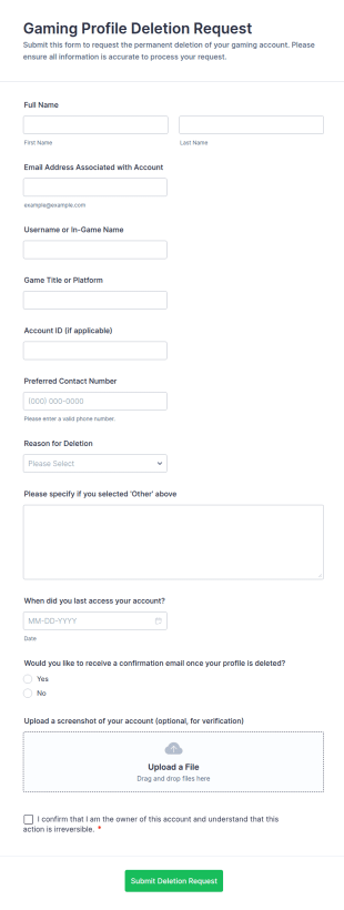 Gaming Profile Deletion Request Form Template