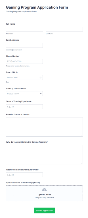 Gaming Program Application Form Template