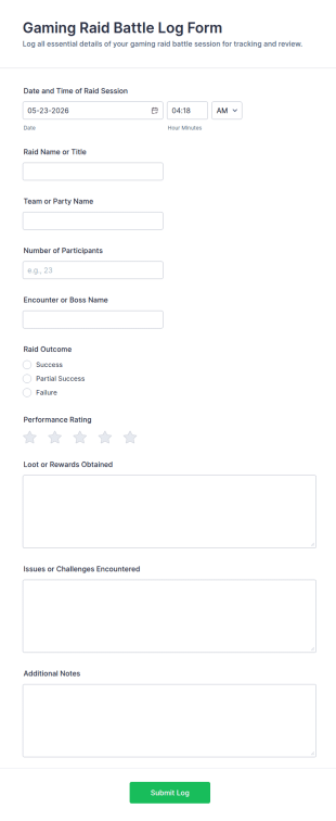 Gaming Raid Battle Log Form Template