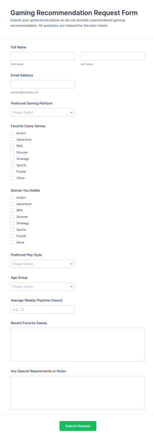 Gaming Recommendation Request Form Template