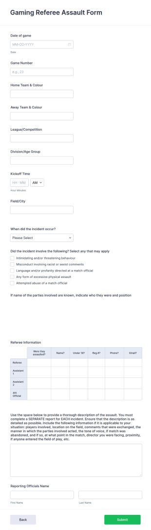 Gaming Referee Assault Form Template