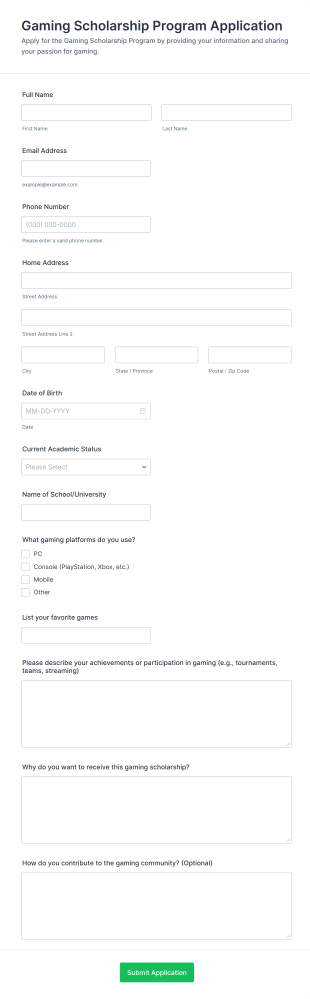 Gaming Scholarship Program Application Form Template