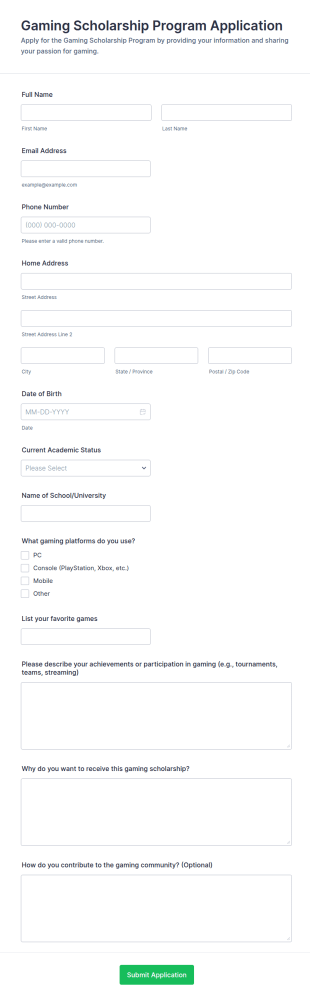 Gaming Scholarship Program Application Form Template