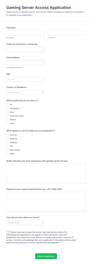 Gaming Server Access Application Form Template