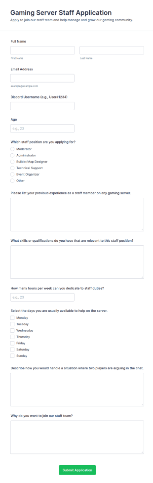 Gaming Server Staff Application Form Template