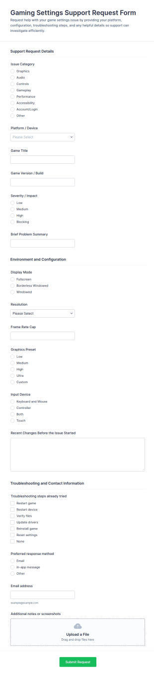 Gaming Settings Support Request Form Template