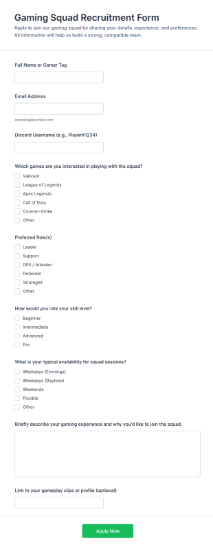Gaming Squad Recruitment Form Template