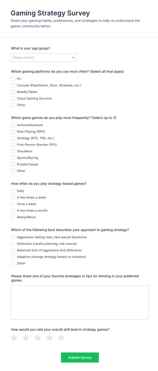 Gaming Strategy Survey Form Template