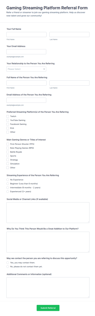 Gaming Streaming Platform Referral Form Template