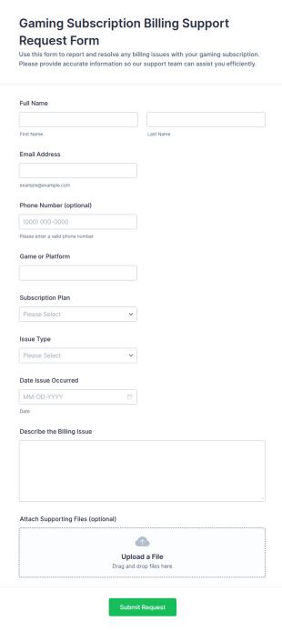 Gaming Subscription Billing Support Request Form Template