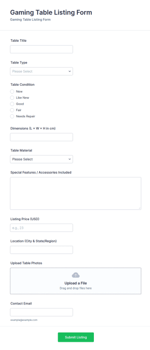 Gaming Table Listing Form Template