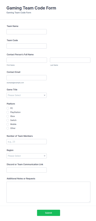 Gaming Team Code Form Template