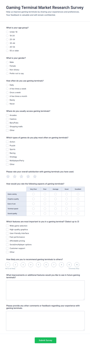 Gaming Terminal Market Research Survey Form Template