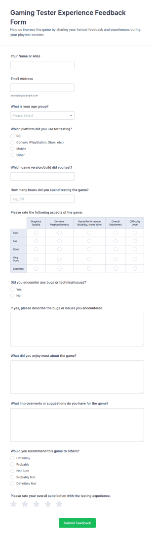 Gaming Tester Experience Feedback Form Template