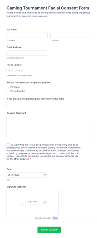 Gaming Tournament Facial Consent Form Template
