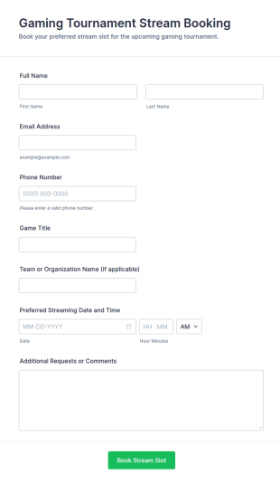 Gaming Tournament Stream Booking Form Template