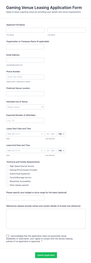 Gaming Venue Leasing Application Form Template