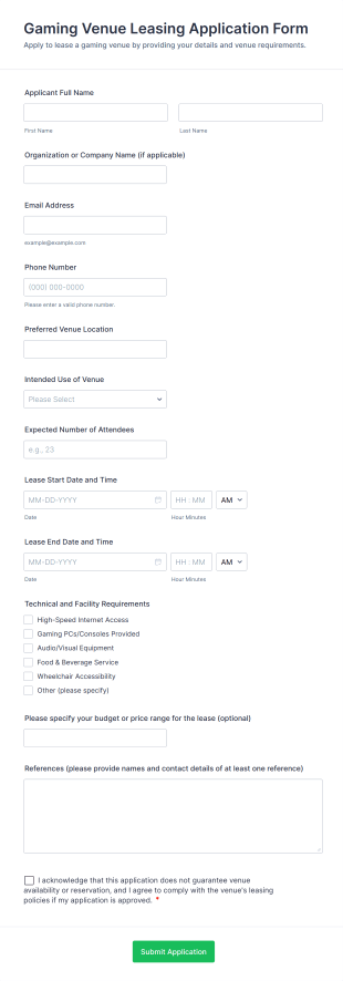 Gaming Venue Leasing Application Form Template