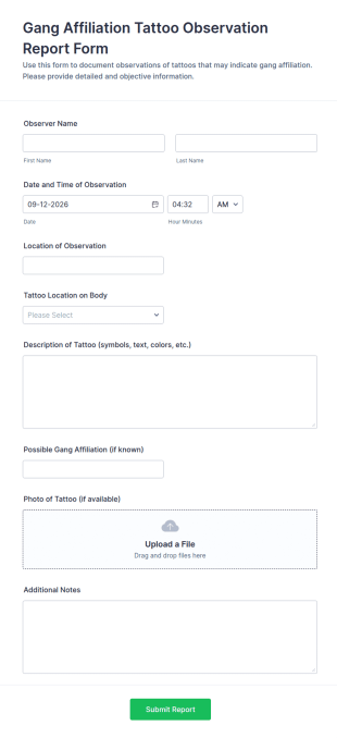 Gang Affiliation Tattoo Observation Report Form Template