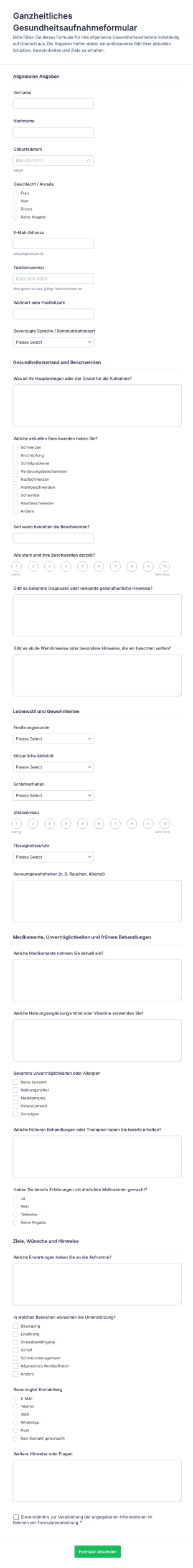Ganzheitliche Gesundheitsaufnahme Fragebogen