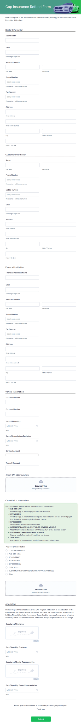 Gap Insurance Refund Form Template
