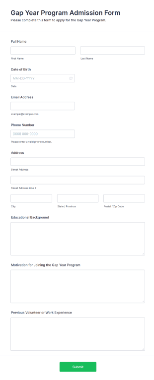 Gap Year Program Admission Form Form Template