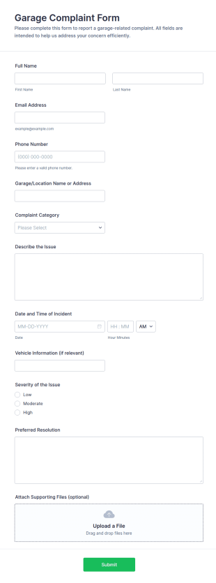 Garage Complaint Form Template
