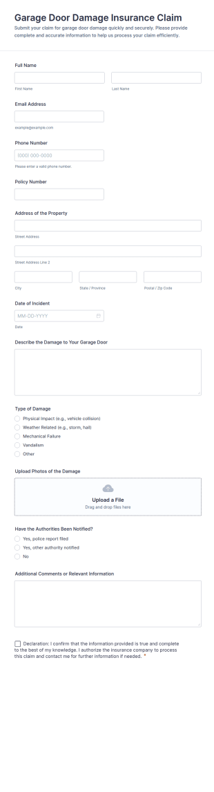 Garage Door Damage Insurance Claim Form Template