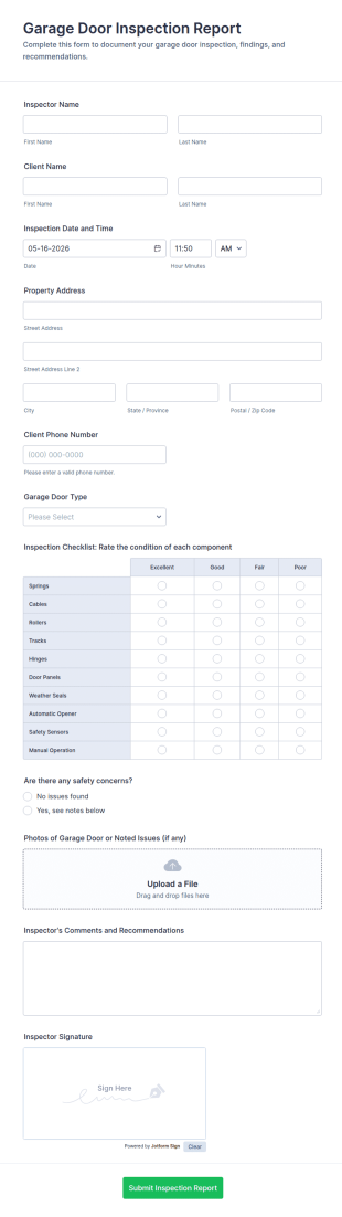 Garage Door Inspection Report Form Template