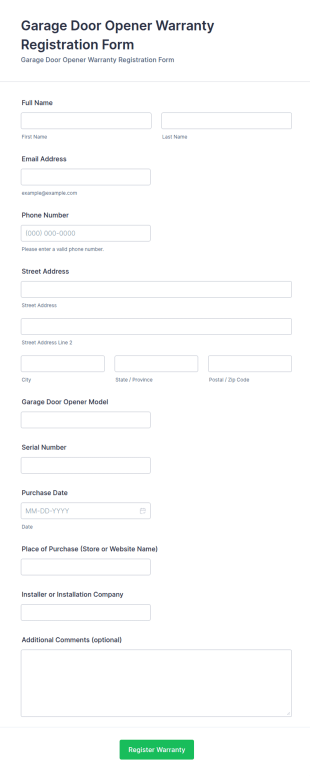 Garage Door Opener Warranty Registration Form Template