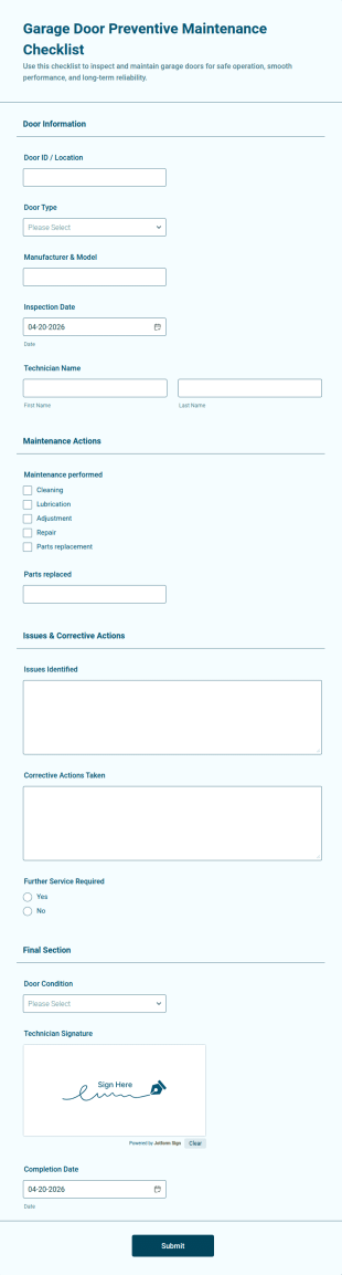 Garage Door Preventive Maintenance Checklist Form Template