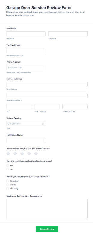 Garage Door Service Review Form Template