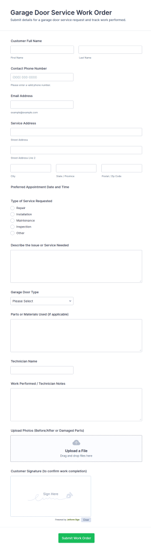 Garage Door Service Work Order Form Template