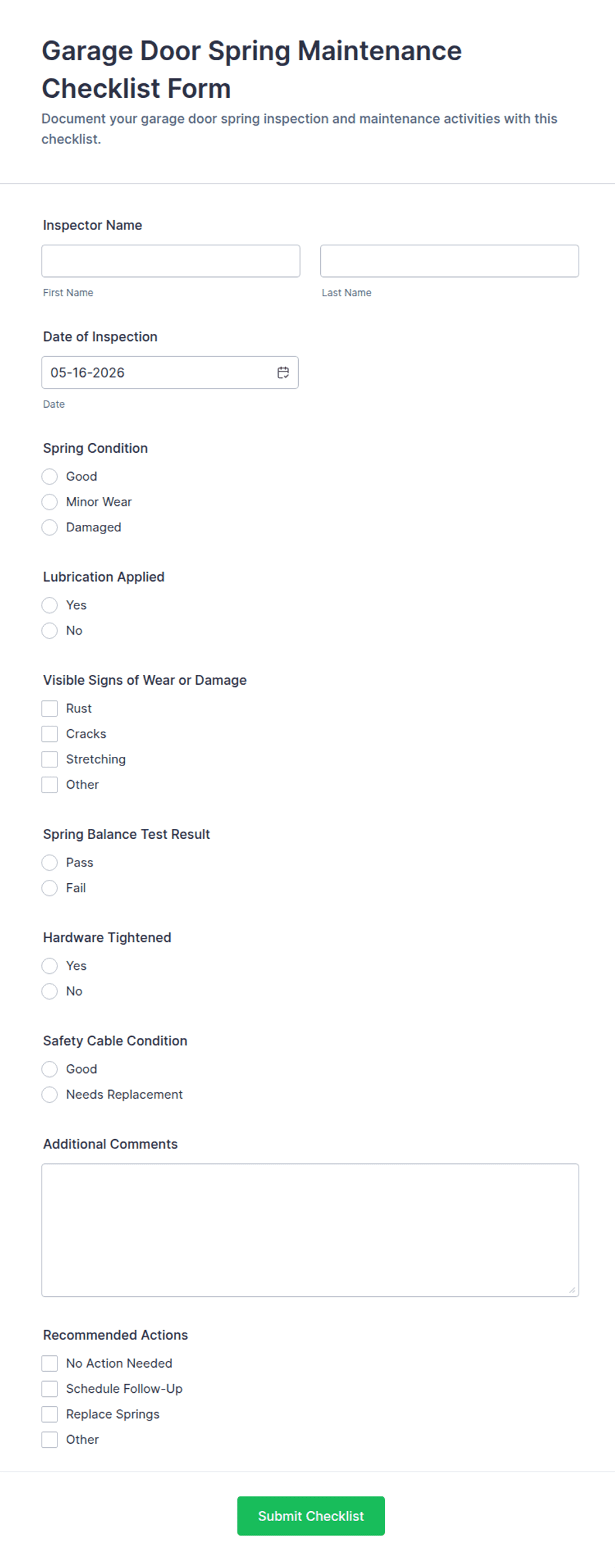 Garage Door Spring Maintenance Checklist Form Template | Jotform