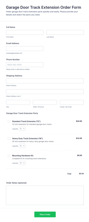 Garage Door Track Extension Order Form Template
