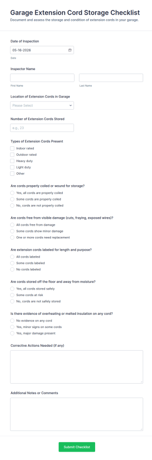 Garage Extension Cord Storage Checklist Form Template