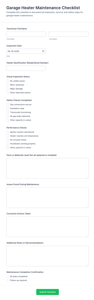 Garage Heater Maintenance Checklist Form Template