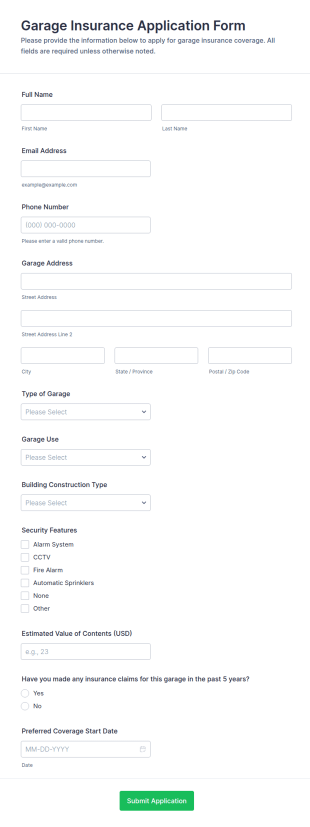 Garage Insurance Application Form Template